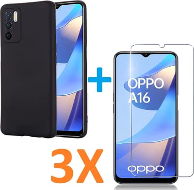 Soft TPU Zwart hoesje Silicone Case + 3 stuk Glas Screenprotector Geschikt voor: Oppo A16 / A16s