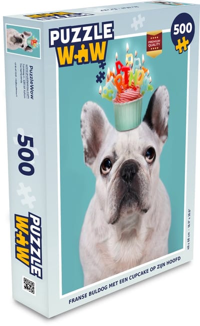 Puzzel Franse buldog met een cupcake op zijn hoofd - Legpuzzel - Puzzel 500 stukjes