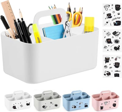 Thijox - Caddy Organizer met Handvat, Multifunctionele Opbergbak met 5 Sleuven, 3 Kattenstickers, Stapelbare Opbergmand voor Badkamer, Kantoor, Keuken