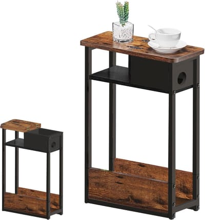 Bijzettafel met Legplank - Nachtkastje - Woonkamer Slaapkamer - Rustiek Bruin Zwart Frame - 18 x 46 x 62.5 cm