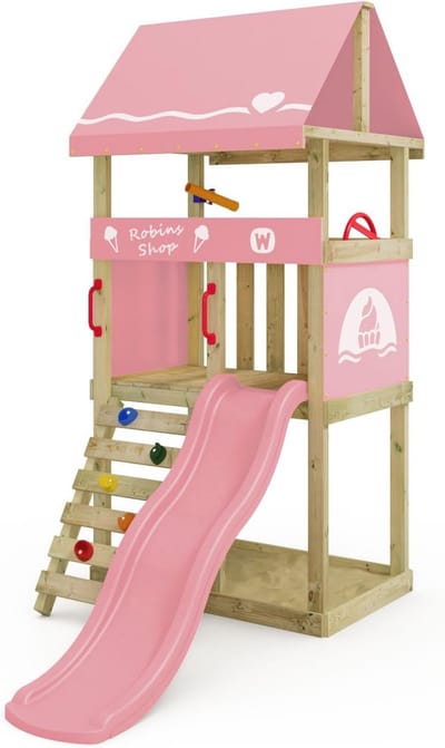 Speeltoren Houten Huisje - Klimtoren Kinderen - Buiten Spelen - Inclusief Glijbaan - 219 x 114 x 247 cm - Pastelroze