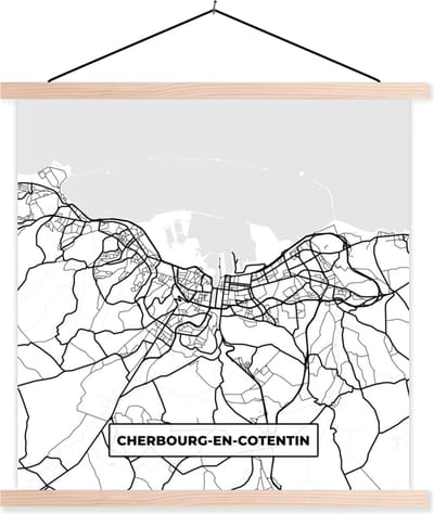 Posterhanger incl. Poster 40x40 cm - Schoolplaat - Frankrijk - Plattegrond - Cherbourg-en-Cotentin - Stadskaart - Kaart - Zwart wit - Textielposter - Blanke latten - Stadskaart