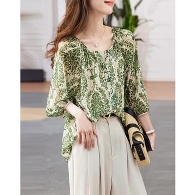 Pendelaar Geplisseerd Bedrukt Shirt Zomer Nieuw V-hals Korte mouw Chiffon Shirt Dames Top XL