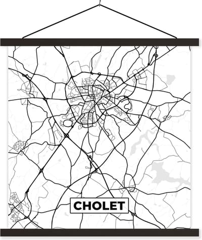 Posterhanger incl. Poster 60x60 cm - Schoolplaat - Cholet - Frankrijk - Plattegrond - Stadskaart - Kaart - Zwart wit - Textielposter - Zwarte latten - Stadskaart
