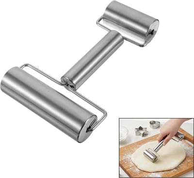 Deegroller - Roestvrijstalen deegroller - Dubbelzijdig deegroller - Deegroller - 18,5 x 10,5 x 3,2 cm - Gemakkelijk vast te houden - Keukengereedschap - Geschikt voor het bakken van deeg, taarten, pasta en koekjes - Zilver