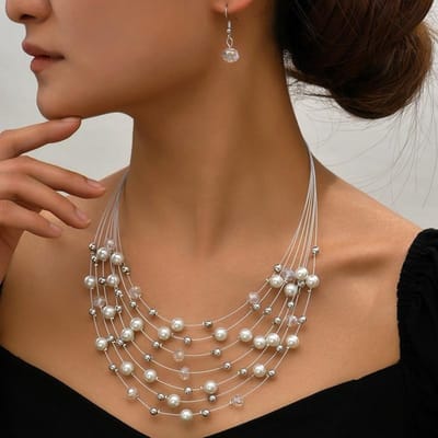 Bohemia Parel Kristal Kralen Ketting Oorbel voor Vrouwen Sieraden Set Mode Multilayer Koord Boho Choker Kraag Vintage Accessoires wit