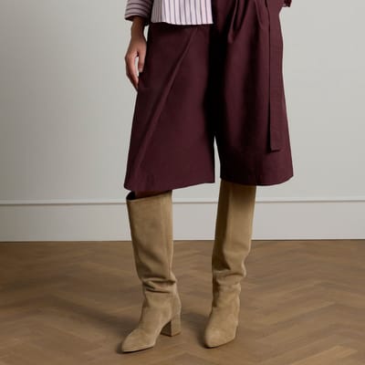 Manfield - Dames - Beige suède hoge laarzen met hak - Maat 39