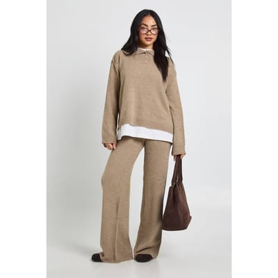 boohoo Dames Gebreide Oversized Trui met Kraag en Knoopsluiting en Rechte Broek Co-Ord Set | Taupe | Maat: Small