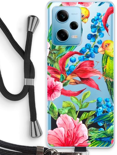 Case Company® - Hoesje met koord geschikt voor Xiaomi Redmi Note 12 Pro 5G hoesje met Koord - Papegaaien - Telefoonhoesje met Zwart Koord - Bescherming aan alle Kanten en Over de Schermrand