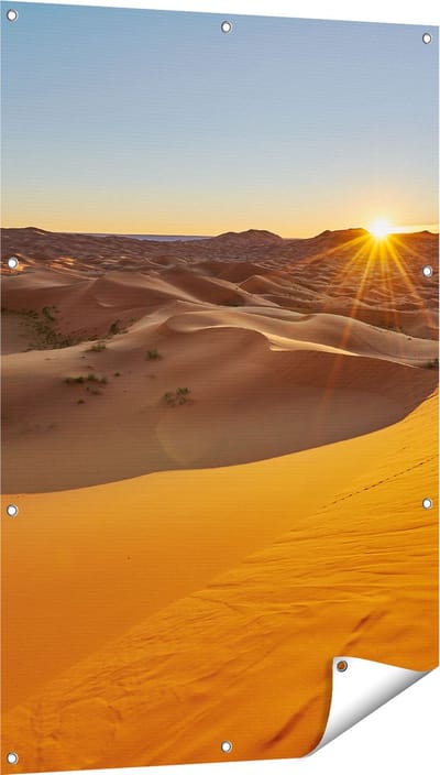 Gards Tuinposter Woestijn in de Sahara met een Opkomende Zon - 80x120 cm - Tuindoek - Tuindecoratie - Wanddecoratie buiten - Tuinschilderij