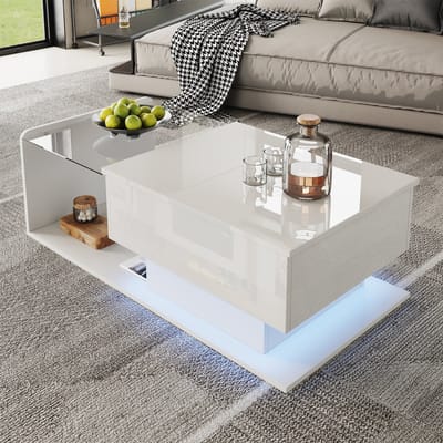Wishdor Salontafel 100x50 cm van particleboard en gehard glas, hoogte verstelbaar met LED en hoogglans