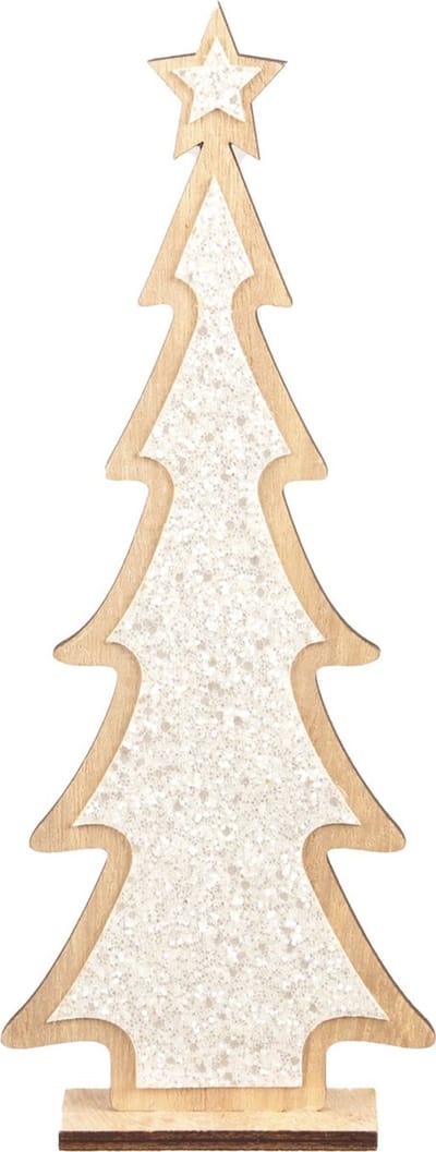 Kerstdecoratie houten kerstboom glitter wit 35,5 cm - Vensterbank kerstdecoratie houten kerstbomen
