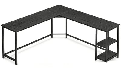 Hoekbureau L-vormig Computertafel 138 x 138 x 76 cm, zwart Bureau met 2 open opbergvakken, geschikt voor thuiswerken, studeren, schrijven en gamen, eenvoudig te monteren, ruimtebesparend