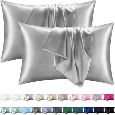 Famanu - Satijnen kussenslopen 50x70 cm zilvergrijs set 2, premium dubbelzijdig satijn