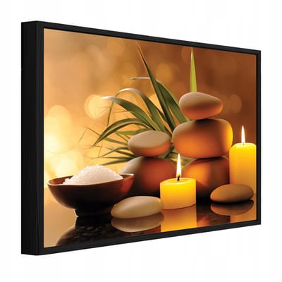 WALLARENA - Schilderij op canvas in zwarte lijst - 100x70 cm - spa stenen en kaarsen - wellness wanddecoratie voor badkamer, spa en massageruimte