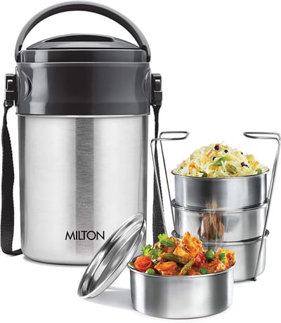 Tiffin Lunchbox - Voedseldrager - Eten Warm Houden - Dubbelwandig Geïsoleerd - 4 Lagen - Zilverkleurig