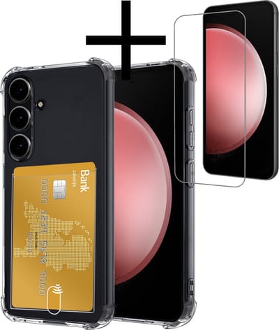 Hoesje - Geschikt voor Samsung Galaxy S23 FE - Met Screenprotector - En Pashouder - En Kaarthouder - Telefoon Hoes Shockproof - Siliconen Case - Back Cover - Shock Proof - Pasjes Houder - Transparant