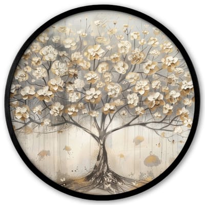 Poster in lijst Rond - Fotolijst 40x40 cm - Posters - Boom - Beige - Goud - Verflook - Grijs - Ronde posterlijst zwart - Decoratie - Wanddecoratie woonkamer - Muurdecoratie slaapkamer