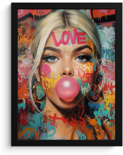 Poster in lijst - Fotolijst 30x40 cm - Posters - Vrouw - Kauwgom - Graffiti - Love - Posterlijst zwart - Decoratie - Wanddecoratie woonkamer - Muurdecoratie slaapkamer