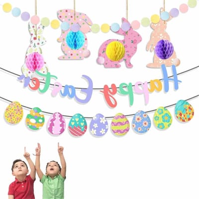 Allecto Plus - Paasdecoraties met Happy Easter Banner en Unieke Paashaas - Premium Herbruikbare Set met Honingraatpapier - Moderne Paasslinger Stijl