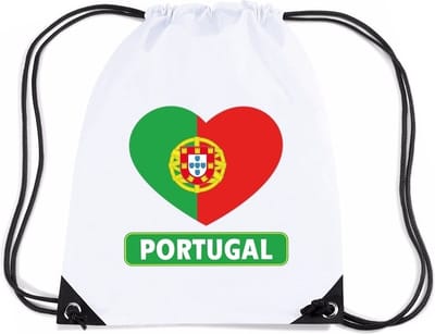 Portugal thema sporttas - nylon rijgkoord rugzak - wit met hartjes vlag print - supporters - 11 liter - 45 x 34 cm