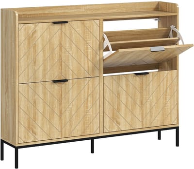 Emvae Schoenenkast - Schoenenkast met Kanteldeuren - Schoenenopbergkast voor Hal en Entree - 4 Opklapbare Laden - Anti-Kantelmechanisme - 110x23,5x95,5 cm - Hout