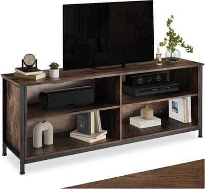 tectake® TV-meubel met 4 vakken - Lowboard voor TV's tot 70 Inch - Houten TV-dressoir met kabeluitsparingen - Industrieel design - Zwart metalen frame - Afmeting (LxBxH) 147 x 41 x 60,5 cm - Donkerbruin