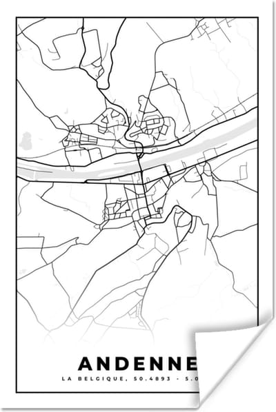 Poster Zwart Wit – België – Plattegrond – Stadskaart – Kaart – Andenne - 120x180 cm XXL