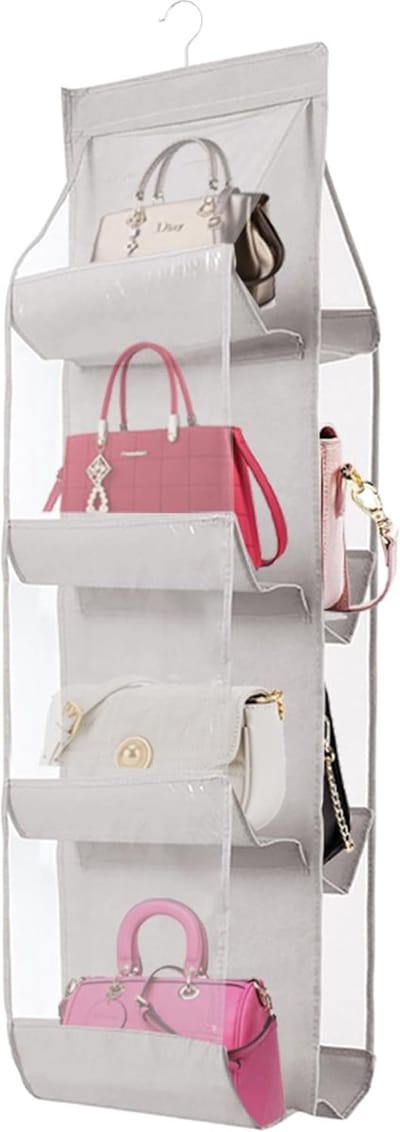 Famanu - Hangende portemonnee organizer, 8 zakken, kast tas organizer, vrouwen handtas houder, 44,9L x 13,5W, C-lichtgrijs
