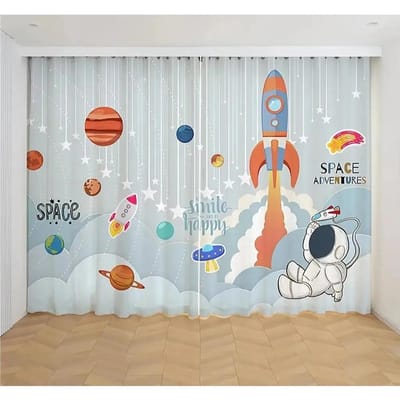2 stuks Goedkoop Cartoon Ruimte Astronaut Grappig Gordijn, Jongens Kinderen Raket Planeet Dunne Verduisterende Gordijnen voor Slaapkamer Woonkamer Op Maat W60xH100(CM)x2pcs&Rod Pocket