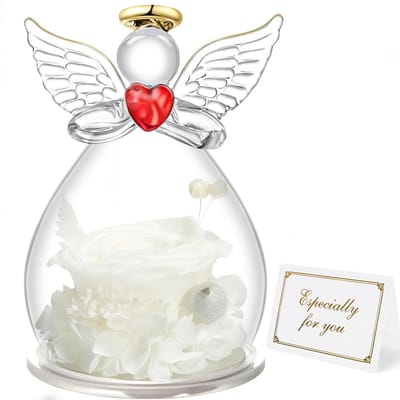 Eeuwige Roos - Roos in Glas - Liefde Tonen - Handgemaakt Engeltje - 7x7x10.5 cm - Wit