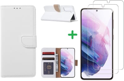 Hoesje Geschikt Voor Samsung Galaxy S21 hoesje bookcase Wit - Hoesje Geschikt Voor Samsung Galaxy s21 hoesje bookcase wallet case portemonnee book case hoes cover hoesjes met 2 stuks Screenprotector