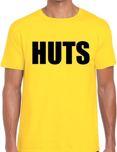 HUTS tekst t-shirt geel voor heren - heren feest t-shirts S