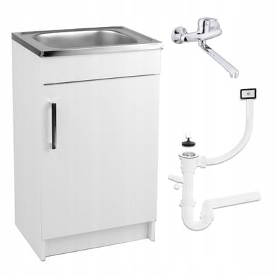 STAMAR - Keukenkast met Wasbak 50x40 cm - Onderkast met Wandkraan + Sifon - Wit