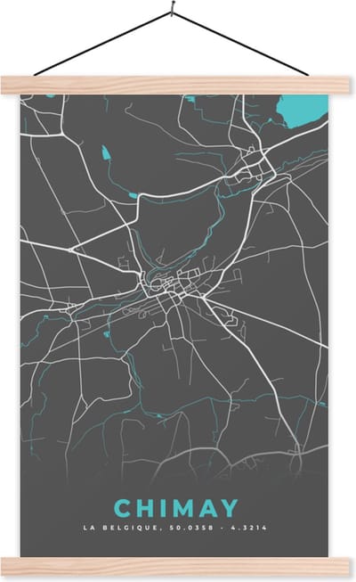 Posterhanger incl. Poster 40x60 cm - Schoolplaat - Kaart – Plattegrond – Stadskaart – Chimay – België - Grijs - Textielposter - Blanke latten - Stadskaart