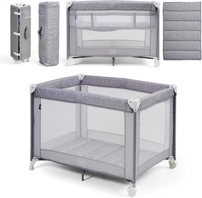 Kinder Reisbed - Baby Campingbed - Veilig Slapen - Dubbele Hoogte - 100 x 70 cm - Grijs