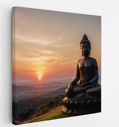 Saammp Canvas Schilderij - Boeddha bij mooie Zonsondergang - Landschap - 20x20 - Foto op canvas - Wanddecoratie - Muurdecoratie Woonkamer - Canvas schilderijen