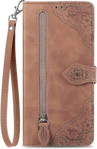 YPCd - Portemonnee Bookcase Hoesje Geschikt voor Samsung Galaxy S24 – PU Leren Wallet Flip Cover met Ritssluiting – Pasjesvakken & Polsbandje – Standfunctie – Bloemen – Bruin