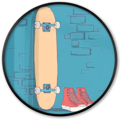 Poster in lijst Rond - Fotolijst 60x60 cm - Posters - Skateboard - Gympen - Rood - Minimalistisch - Ronde posterlijst zwart - Decoratie - Wanddecoratie woonkamer - Muurdecoratie slaapkamer