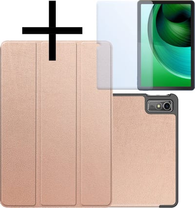 Hoes - Geschikt voor Lenovo Tab M10 5G - Met Screenprotector - Trifold Bookcase - Hard Cover - Hardcover Book Case - Tablet Hoesje - Rosé goud