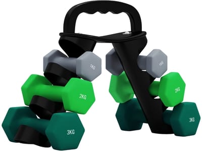 Hantelset Met Opbergrek 6 Dumbbells Set 1kg 2kg 3kg Grijs Metaal Fitness Training Thuis Krachttraining Hexagonaal Anti Rol Ontwerp 42x10x30cm Stabiel Dumbbell Set Met Verstelbare Kettlebell Functie
