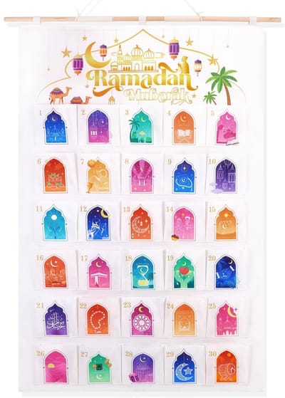 Dailygoods- Ramadan-kalender 2026 - Wandkalender van stof - Herbruikbare kalender - 30 vakken - Decoratie - Inclusief houten stok en koord - Adventskalender