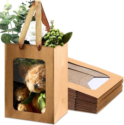 Papieren geschenkzakken - Kraft zakken - Cadeauverpakking - Met venster - 25.5 x 10.5 cm - Kraftkleur