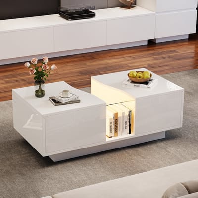 DESMIU Salontafel – Hoogglans Met Ledverlichting En 2 Laden – Voor Woonkamer En Slaapkamer – Mdf En Acryl – 100 X 50 X 35 Cm – Wit
