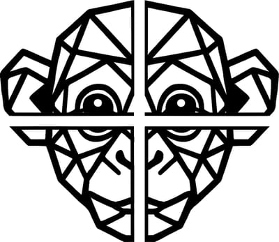 Aap / Chimpansee line-art wanddecoratie – dierenkop wandbord – groot 76×65,6 cm – 4-delig – populierenhout zwart