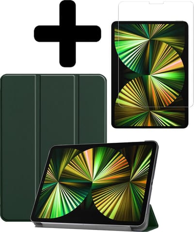 Hoesje - Geschikt voor Apple iPad Pro (2021) - 12.9 inch - Met Screenprotector - Hardcover Book Case - Trifold Bookcase Hoes - Hard Cover - Tablethoes - Donkergroen