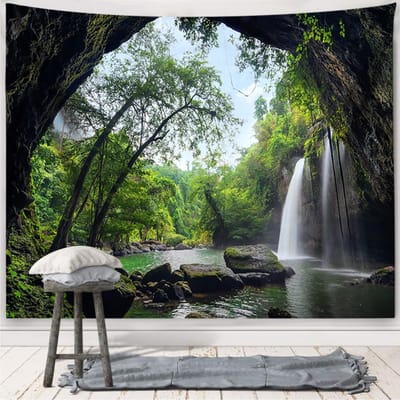 Tapestry Waterval, Muur Opknoping Grot Tapestry Natuur Wandtapijt Jungle Wandtapijt Landschap Bos Muurdoek Klein Bos Microvezel 150 x 130 cm