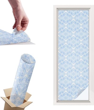 Tulup Raamfolie Anti inkijk - Bloemenornament Privacy Folie Raam - 50x146 cm - Blauw Anti inkijk Folie - Raamfolie Tegen inkijk Glas in Lood - Voor de slaapkamer, woonkamer en hal. - Raamfolie Zonwering
