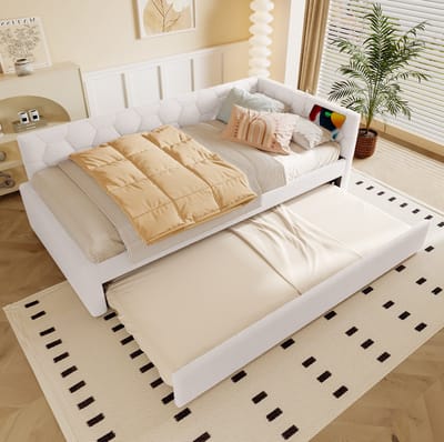 MEUNIQ bedbank 90 x 200 cm met uitrolbed, lattenbodem, nachtlampje, USB en Type-C, zonder matras, wit, voor kinderkamer
