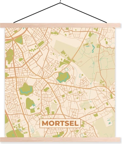 Posterhanger incl. Poster 40x40 cm - Schoolplaat - Mortsel - Plattegrond - Stadskaart - Kaart - België - Textielposter - Blanke latten - Stadskaart